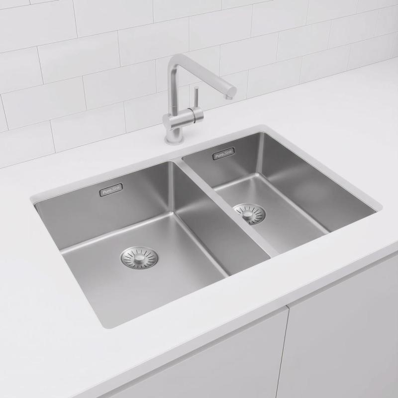 Pure.Sink Exclusivo RVS 1,5 halvanden vask 34+18 cm 10mm radius PEX341840-02