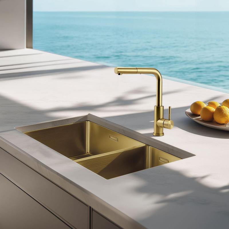 Pure.Sink Exclusivo Guld 1,5 halvanden vask 34+18 cm 10mm radius PEX341840-60