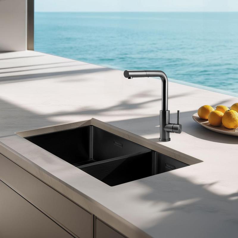 Pure.Sink Exclusivo Gun Metal 1,5 halvanden vask 34+18 cm 10mm radius PEX341840-61
