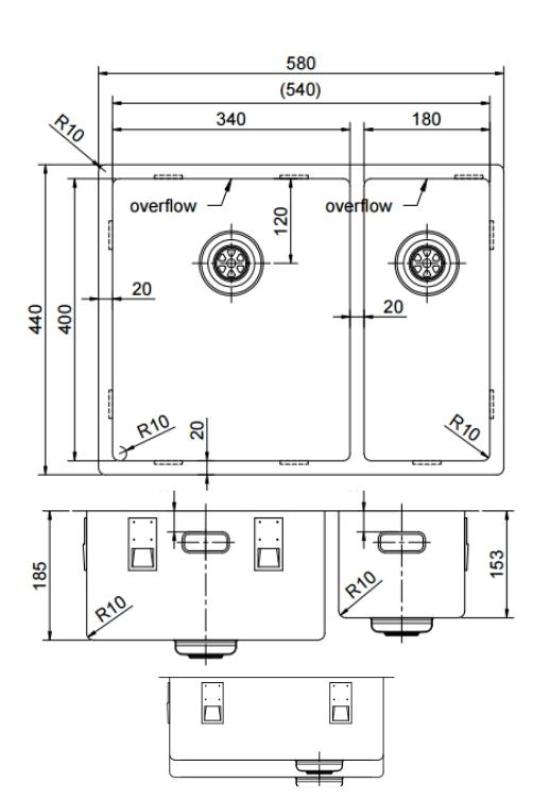 Pure.Sink Exclusivo Gun Metal 1,5 halvanden vask 34+18 cm 10mm radius PEX341840-61