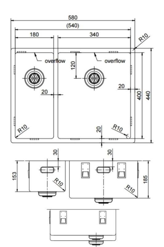 Pure.Sink Exclusivo Gun Metal 1,5 halvanden vask 18+34 cm 10mm radius PEX183440-61