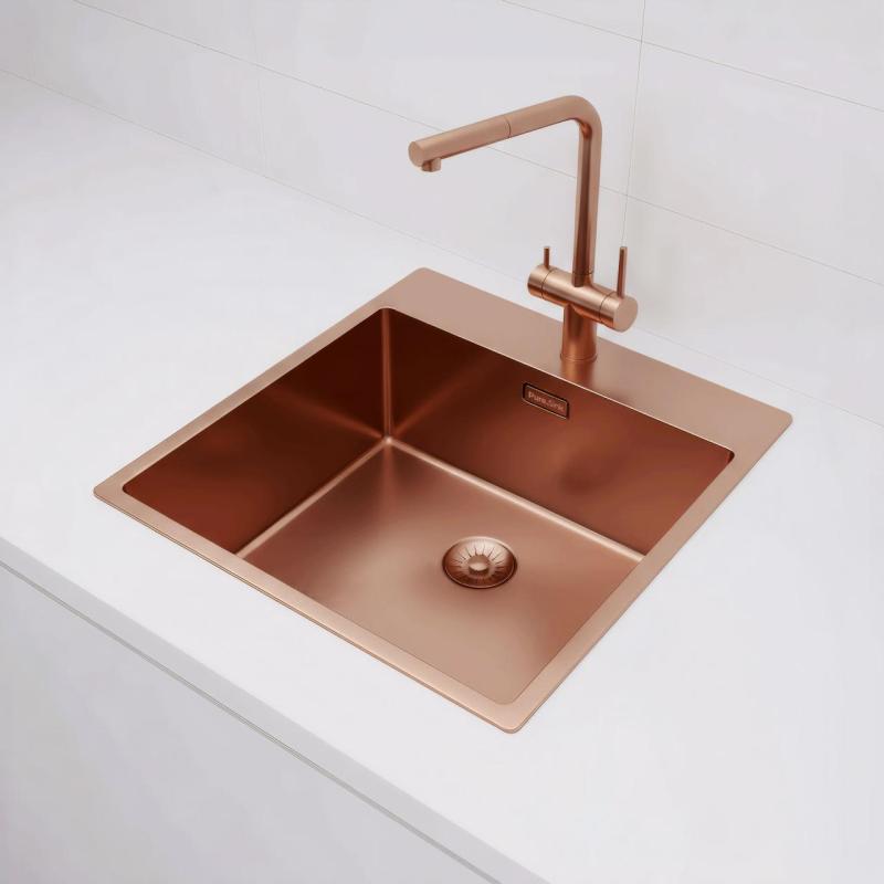 Pure.Sink Exclusivo Kobber vask 49x52 cm Tapwing med hanehul bank 10mm radius PEX4540T-62