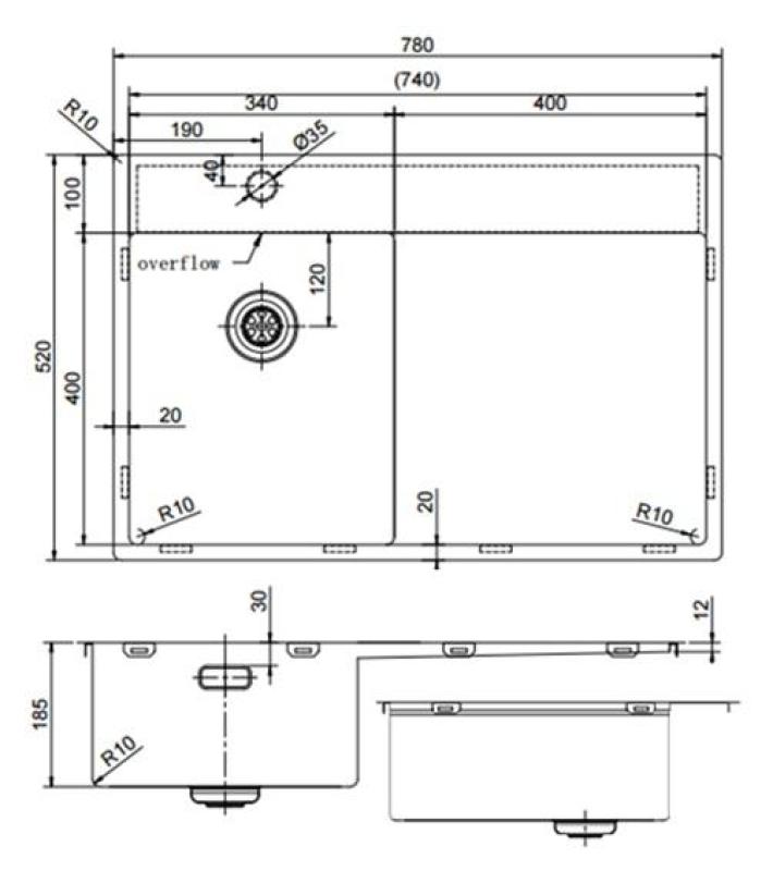 Pure.Sink Exclusivo RVS lille vask med dræningsområde 78x52 cm Tapvinge til venstre PEX3478LT-02