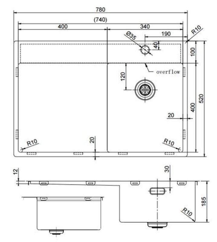 Pure.Sink Exclusivo RVS lille vask med dræningsområde 78x52 cm Tapwing til højre PEX3478RT-02