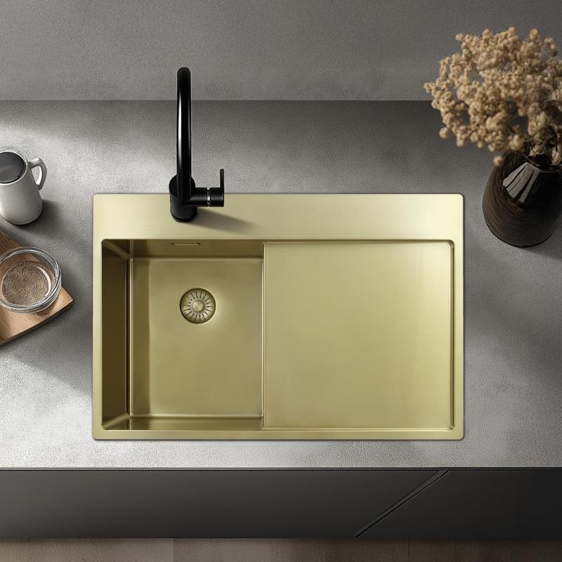 Pure.Sink Exclusivo Lille vask i guld med afdrypningsområde 78x52 cm Tapwing til højre PEX3478RT-60