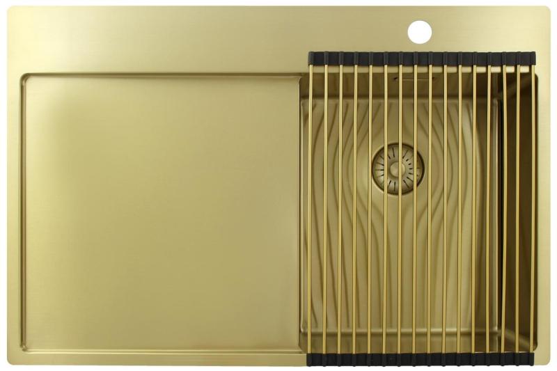 Pure.Sink Exclusivo Lille vask i guld med afdrypningsområde 78x52 cm Tapwing til højre PEX3478RT-60