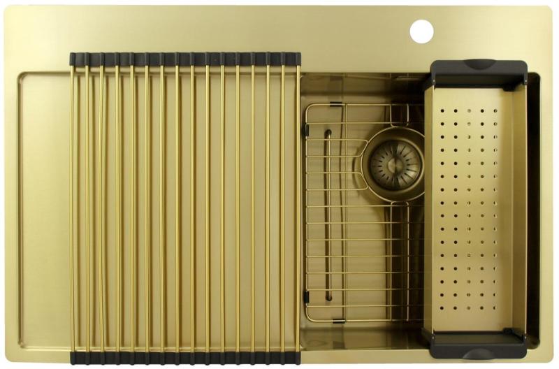 Pure.Sink Exclusivo Lille vask i guld med afdrypningsområde 78x52 cm Tapwing til højre PEX3478RT-60