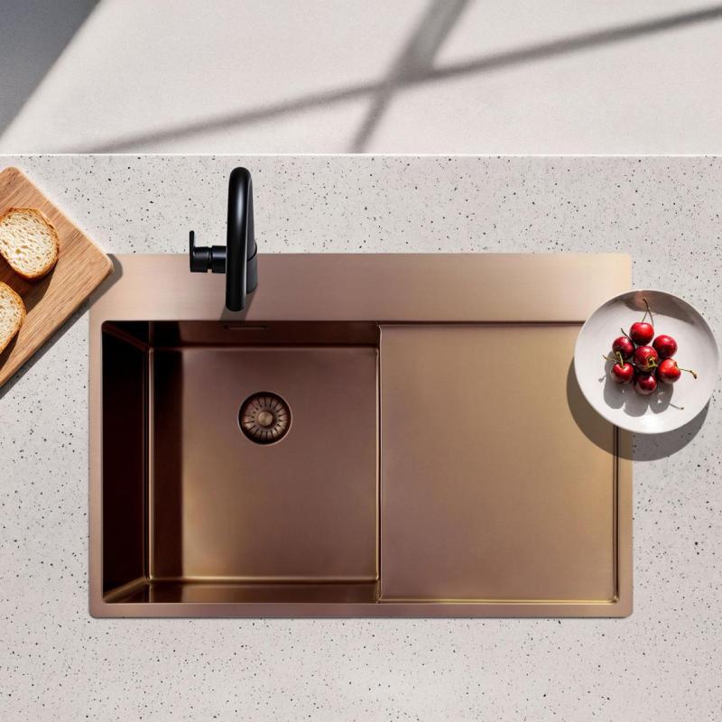 Pure.Sink Exclusivo Kobber køkkenvask med drypbakke 78x52 cm Tapvinge venstre PEX4078LT-62