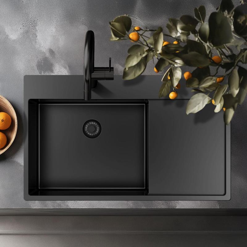 Pure.Sink Exclusivo Gun Metal vask med drypområde 86x52 cm Tapwing højre PEX5086RT-61