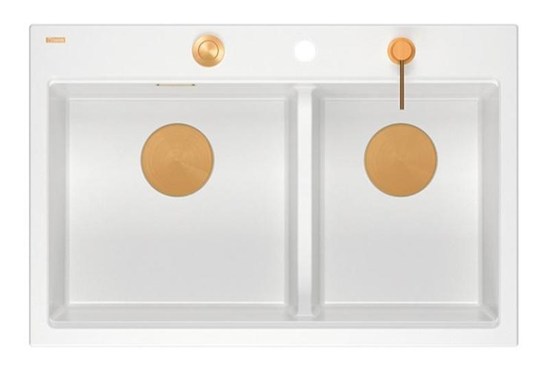 Quadri Hard Rock Dobbelt Hvid Granit Overflade Vask 76 x 50 cm med Kobberprop og tilbehør 1208971357