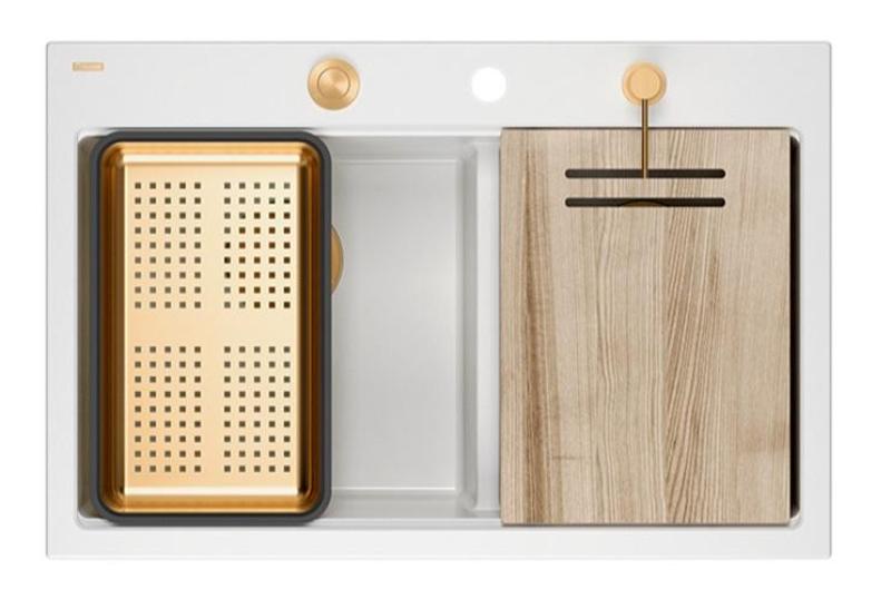 Quadri Hard Rock Dobbelt Hvid Granit Overflade Vask 76 x 50 cm med Kobberprop og tilbehør 1208971357