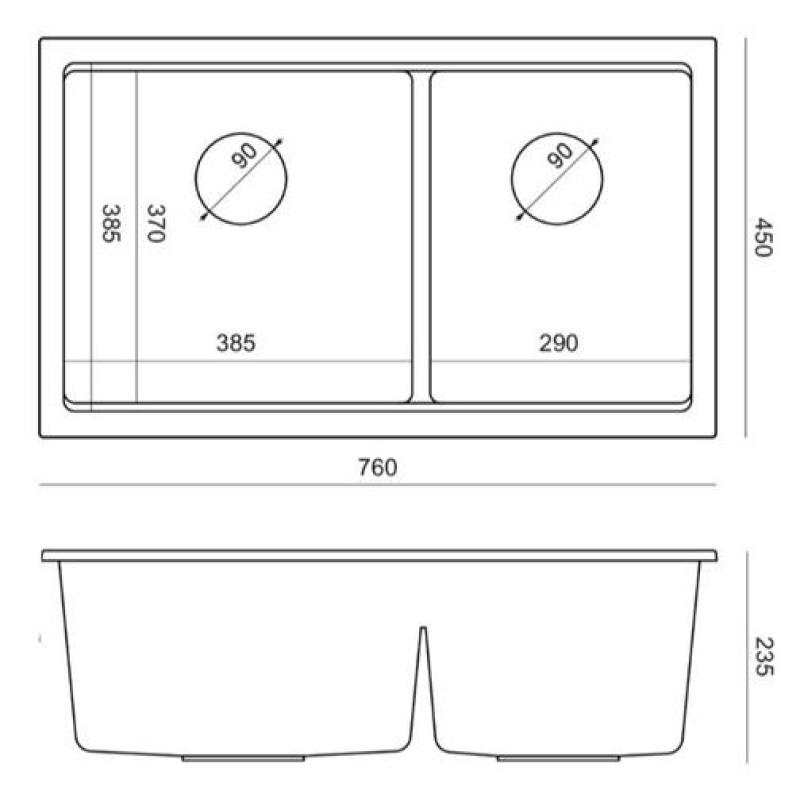 Quadri Newport II Dobbelt Sort Granit Undermonteret Vask 702 x 390 mm med Guldprop 1208971381