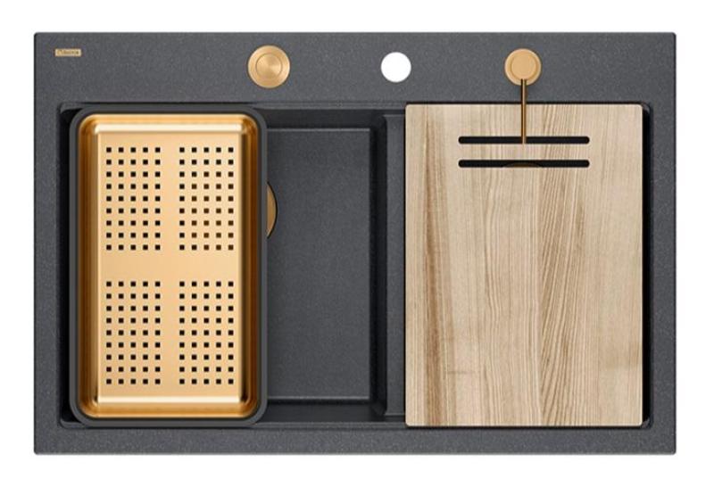 Quadri Hard Rock Dobbelt Antracit Granit Overflade Vask 76x50 cm med Kobberprop og tilbehør 1208971388