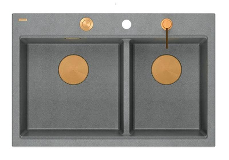 Quadri Hard Rock Dobbelt Grå Granit Overflade Vaske 76x50 cm med Kobber prop og tilbehør 1208971389