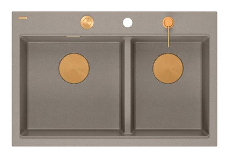 Quadri Hard Rock Dobbelt Taupe Granit Overbygning Håndvask 76x50 cm med Kobber prop og tilbehør 1208971391