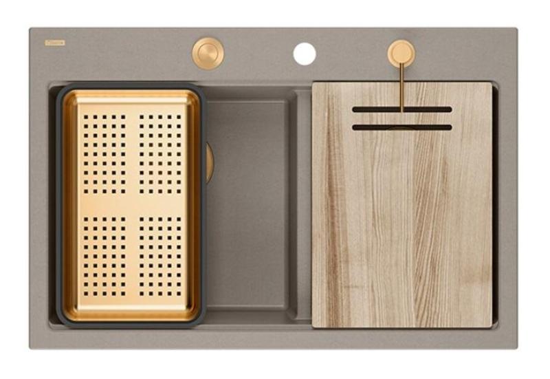 Quadri Hard Rock Dobbelt Taupe Granit Overbygning Håndvask 76x50 cm med Kobber prop og tilbehør 1208971391