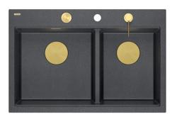 Quadri Hard Rock Dobbelt Antracit Granit Overflade Vask 76x50 cm med Guld propp og tilbehør 1208971393
