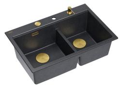 Quadri Hard Rock Dobbelt Antracit Granit Overflade Vask 76x50 cm med Guld propp og tilbehør 1208971393