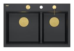 Quadri Hard Rock Dobbelt Sort Granit Overflade Vaske 76x50 cm med Guld prop og tilbehør 1208971395