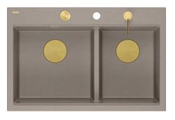 Quadri Hard Rock Dobbelt Taupe Granit Overbygning Vask 76x50 cm med Guld prop og tilbehør 1208971396