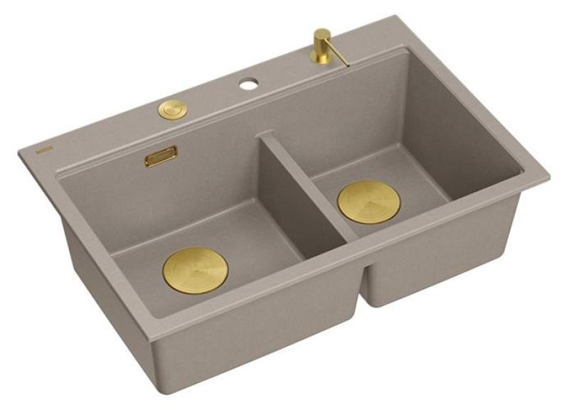 Quadri Hard Rock Dobbelt Taupe Granit Overbygning Vask 76x50 cm med Guld prop og tilbehør 1208971396