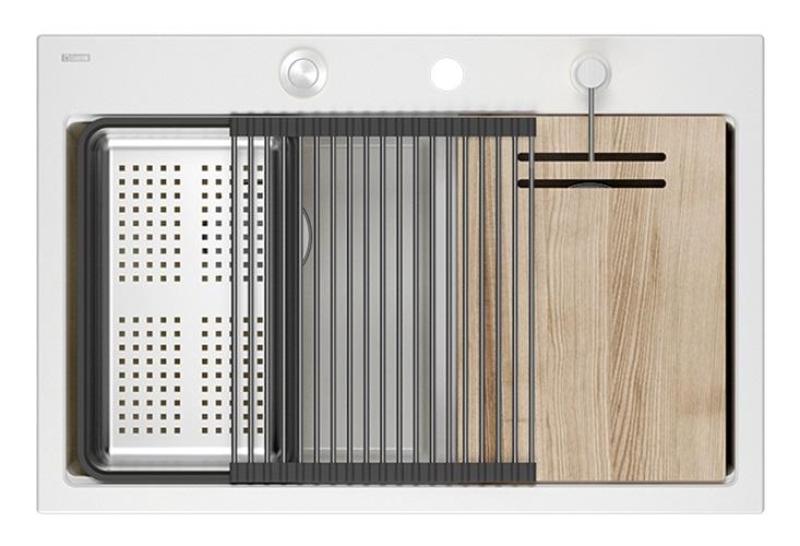 Quadri Hard Rock Dobbelt Hvid Granit Overfladevask 76x50 cm med rustfrit stål prop og tilbehør 1208971398