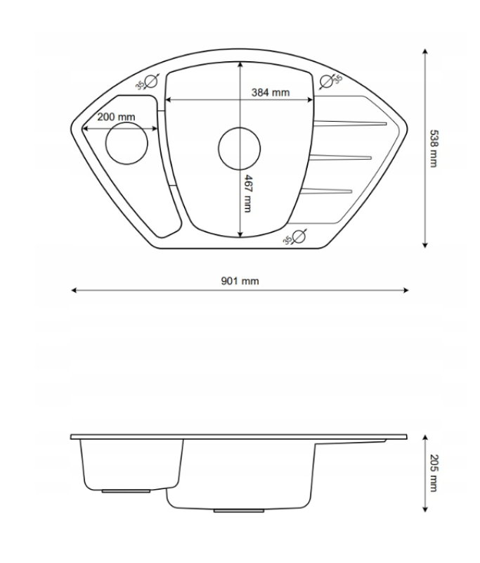 Graniteland Monte Granit sort hjørnevask til overflademontering 901x538mm med rustfrit stål prop 1208971413