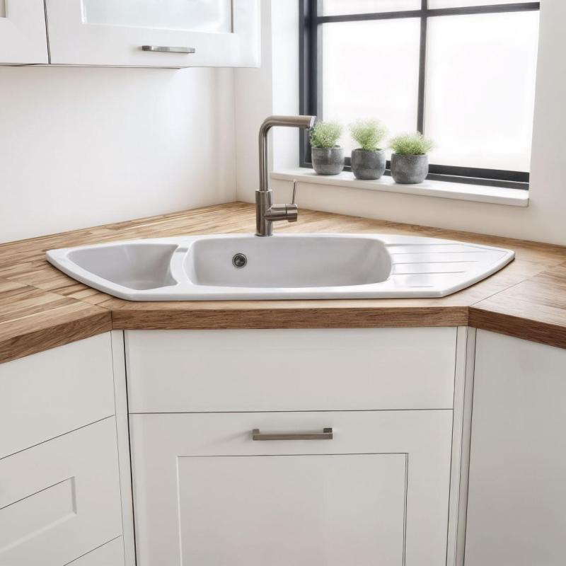 Graniteland Monte Granit hvid hjørnevask til overflade 901x538mm med rustfrit stål prop 1208971415