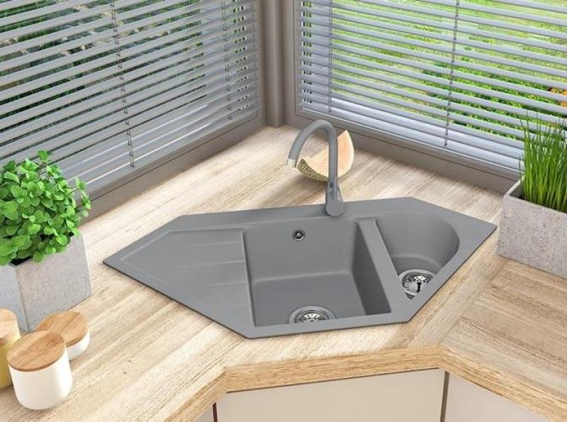 Graniteland Amiata Granit grå Vask til hjørneoverflade 965x496mm med rustfrit stål Stik 1208971419