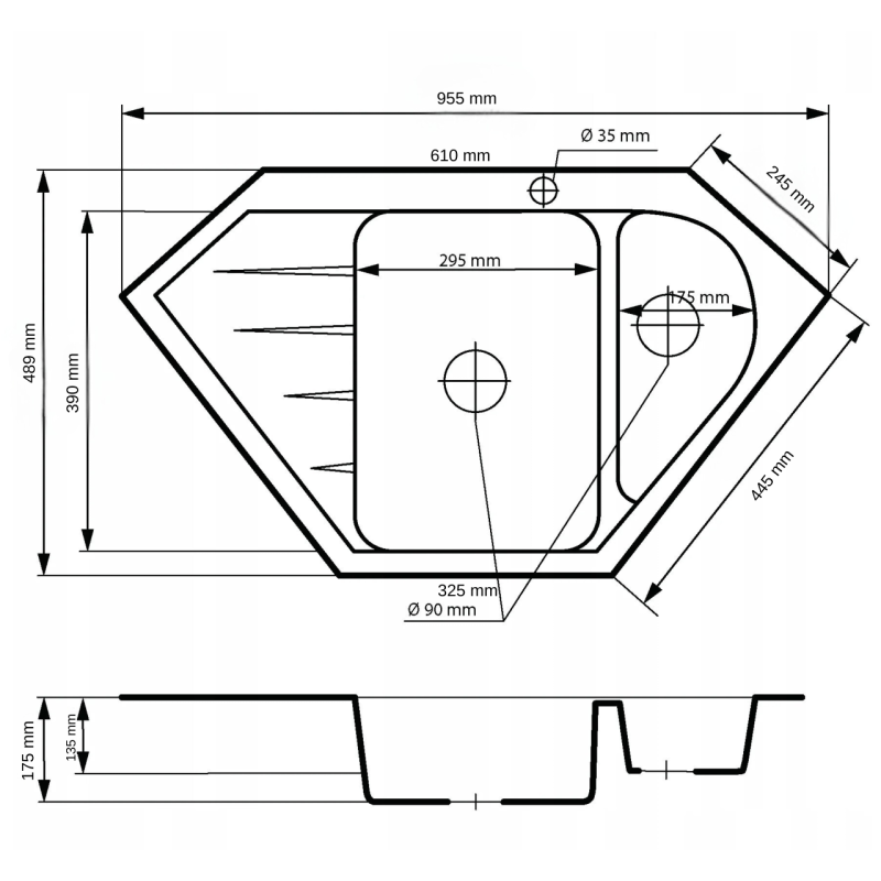 Graniteland Amiata Granitgrå hjørnevask til påbygning 955 x 489 mm med rustfri stålprop 1208971419