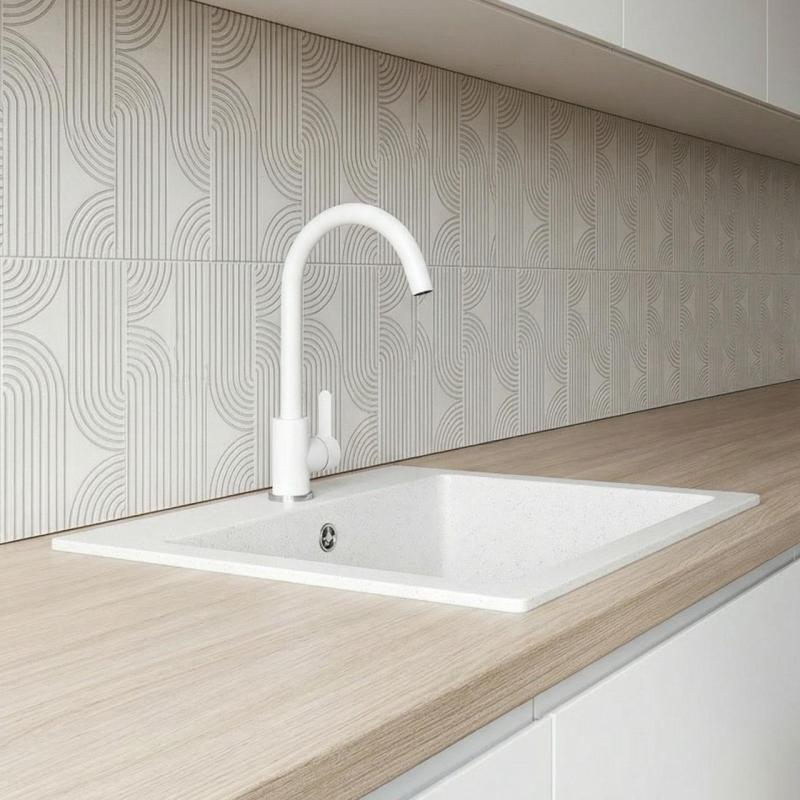 Graniteland Nera Granitvask 45x42 cm Hvid Overbygning med Hanehul og Rustfrit Stål Prop 1208971435