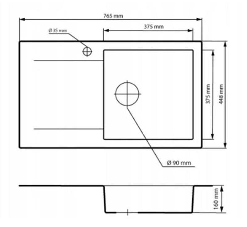 Graniteland Liri Granit Sort vask med dræningsområde 765x448 mm 1208971438