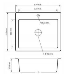 Graniteland Vastone Granitvask 619x522 mm Grå Overflade med Hanehul og Rustfrit Stål Prop 1208971448
