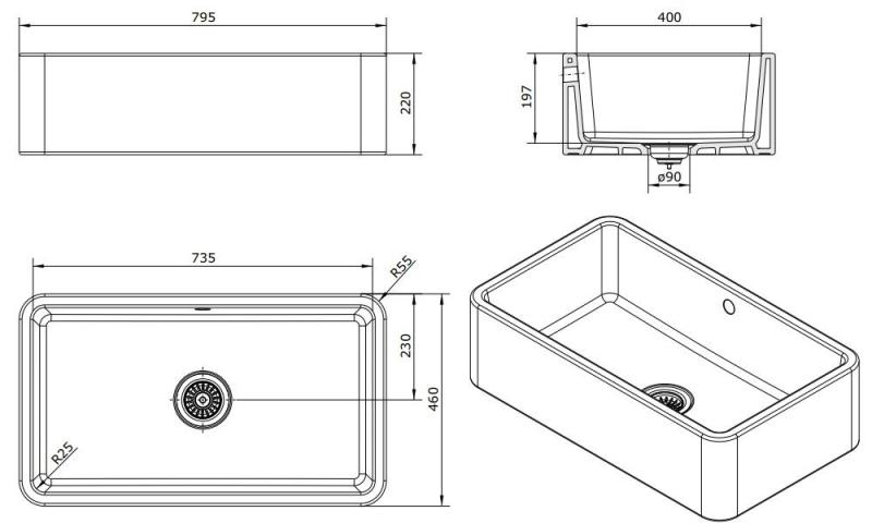 Ausmann Ceramic Mira Keramisk Hvid Vask - Undermontering og Mellemmontering 795 x 460 mm med Gun metal prop 1208971468