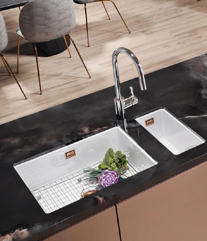 Ausmann Ceramic Ember Keramisk Hvid halv Vask Overbygning og Underbygning 174 x 400 mm med Kobberprop 1208971502