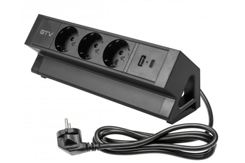 Møbelstik BASCO, 3xSCHUKO, USB A+C, kabel 1,5 m, sort