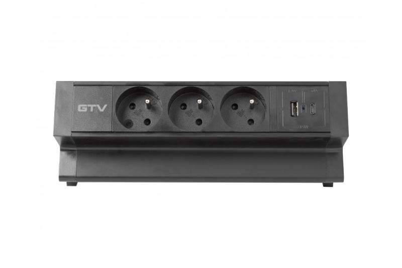 Basco møbelstik, 3 x stik med jordforbindelse, USB A+C, 1,5m kabel, sort med montering