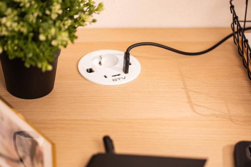 Møbelstik RONDO, 1xSCHUKO, 1xUSB-A, 2xUSB-C, HDMI, RJ45 kabel 1,5 m, hvid