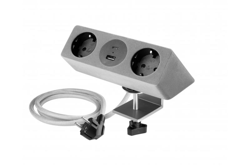 Møbelstik SOFITO, 2xSHUKO, USB A+C, kabel 1,5 m, grå flock