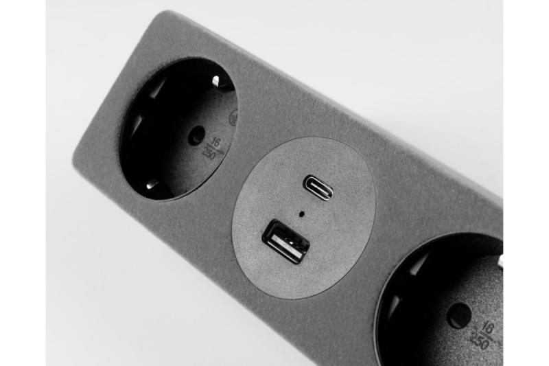 Møbelstik SOFITO, 2xSHUKO, USB A+C, kabel 1,5 m, grå flock