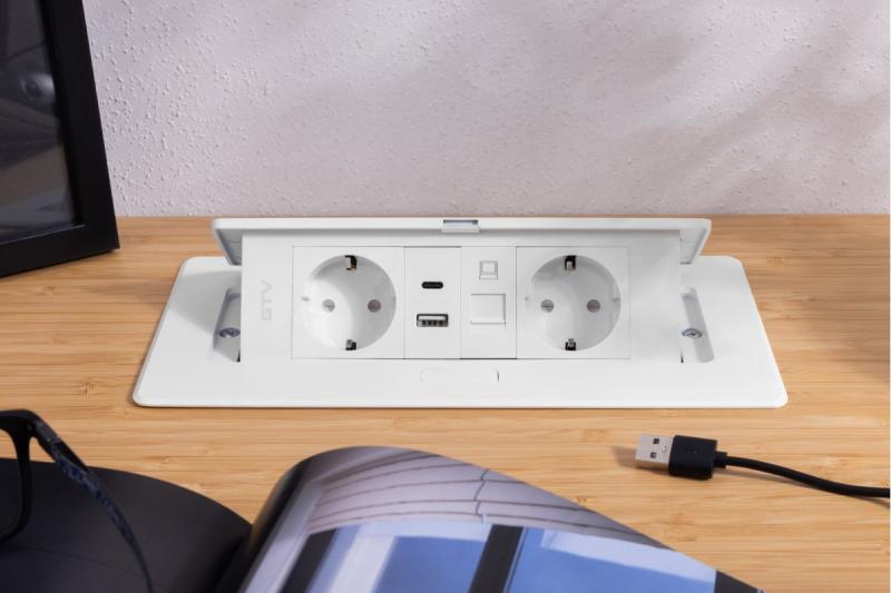 Møbelstik MULTISOFT, 2xSHUKO, USB A+C, RJ45, kabel 1,5 m, hvid