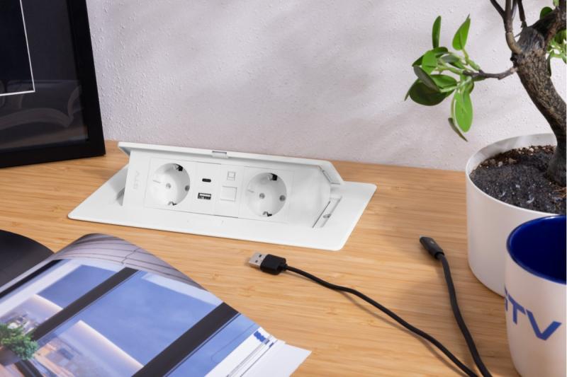 Møbelstik MULTISOFT, 2xSHUKO, USB A+C, RJ45, kabel 1,5 m, hvid