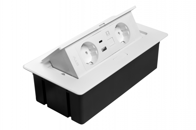 Møbelstik MULTISOFT, 2xSHUKO, USB A+C, RJ45, kabel 1,5 m, hvid