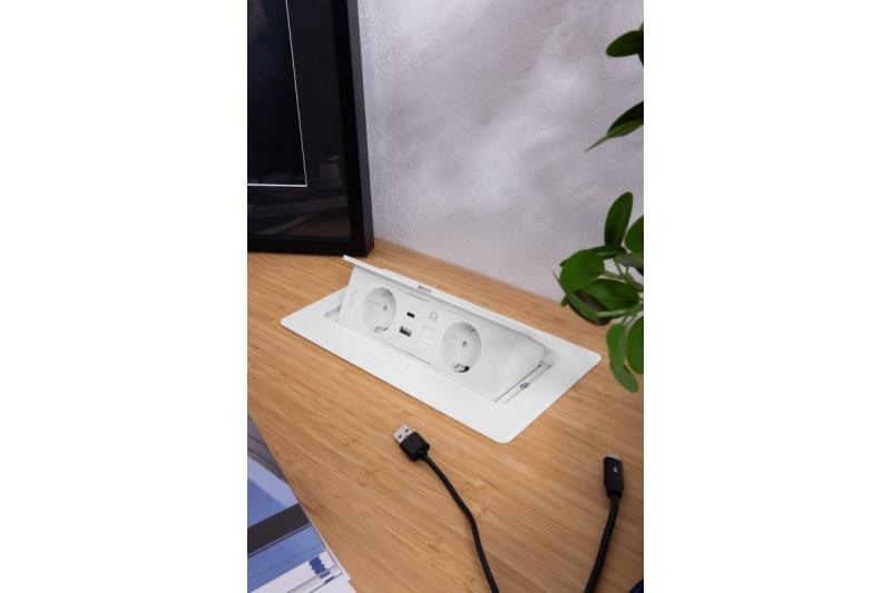 Møbelstik MULTISOFT, 2xSHUKO, USB A+C, RJ45, kabel 1,5 m, hvid