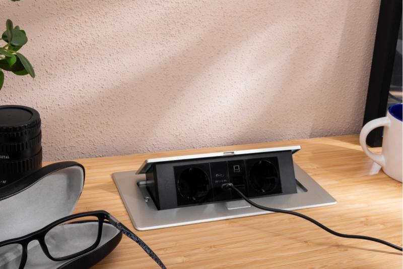 Møbelstik MULTISOFT, 2xSCHUKO, USB A+C, RJ45, kabel 1,5 m, aluminium