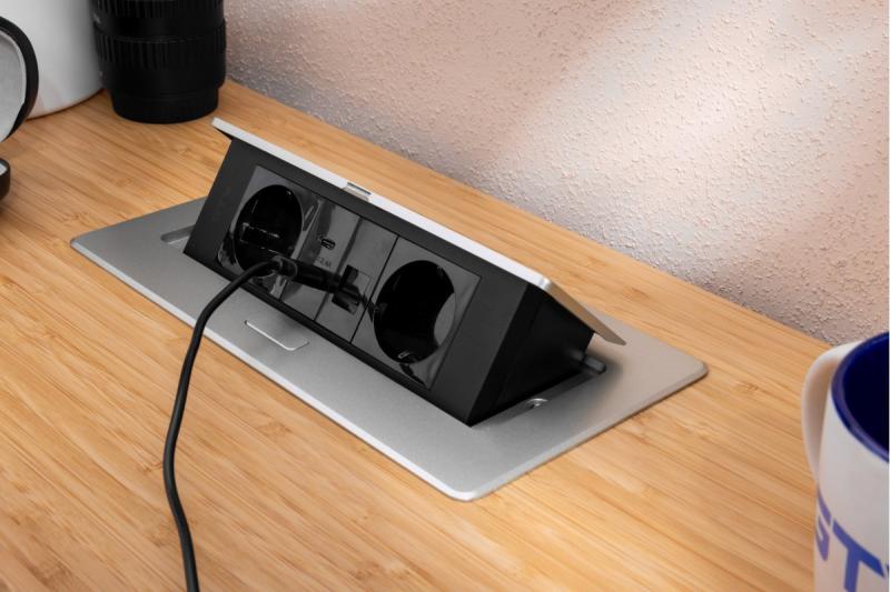 Møbelstik MULTISOFT, 2xSCHUKO, USB A+C, RJ45, kabel 1,5 m, aluminium