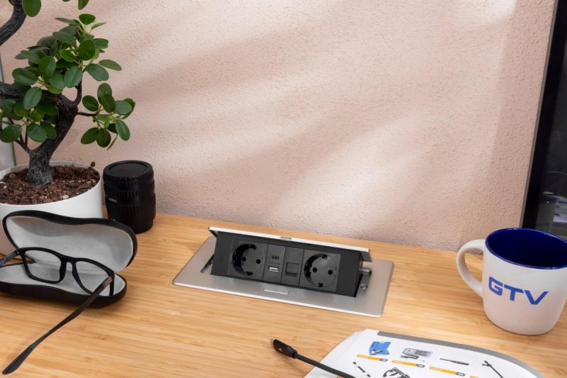 Møbelstik MULTISOFT, 2xSCHUKO, USB A+C, RJ45, kabel 1,5 m, aluminium