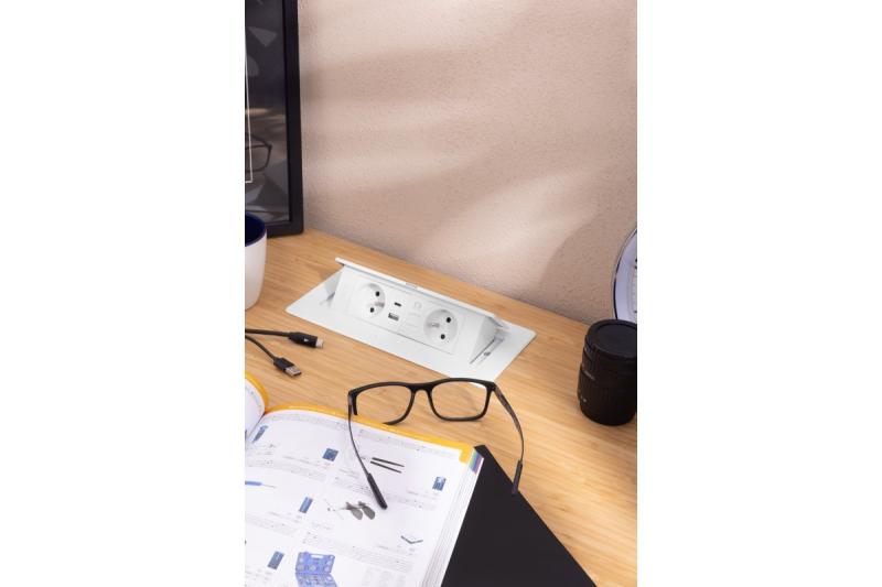 MULTISOFT Møbelstik 2x Stik med Jord, USB A+C, RJ45, Strømkabel med Stik, Hvid