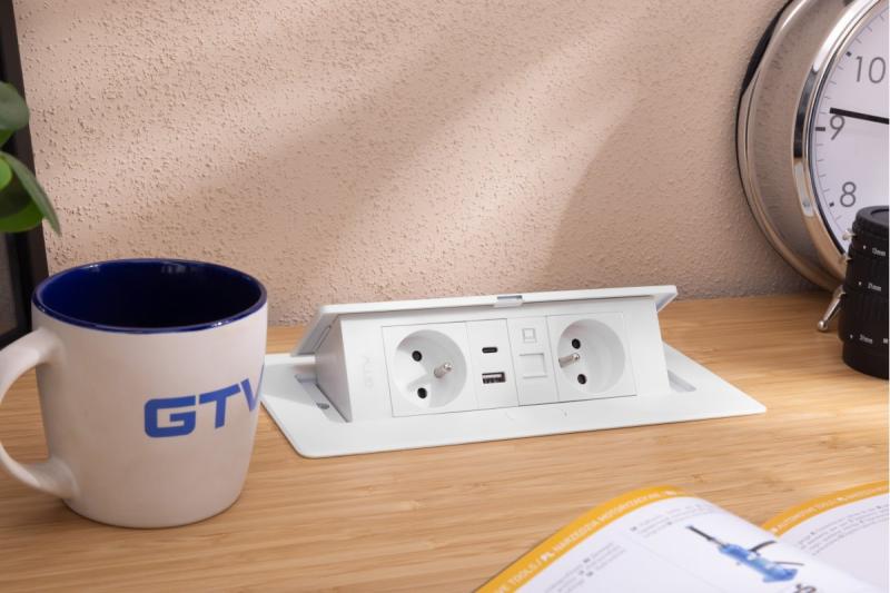 MULTISOFT Møbelstik 2x Stik med Jord, USB A+C, RJ45, Strømkabel med Stik, Hvid