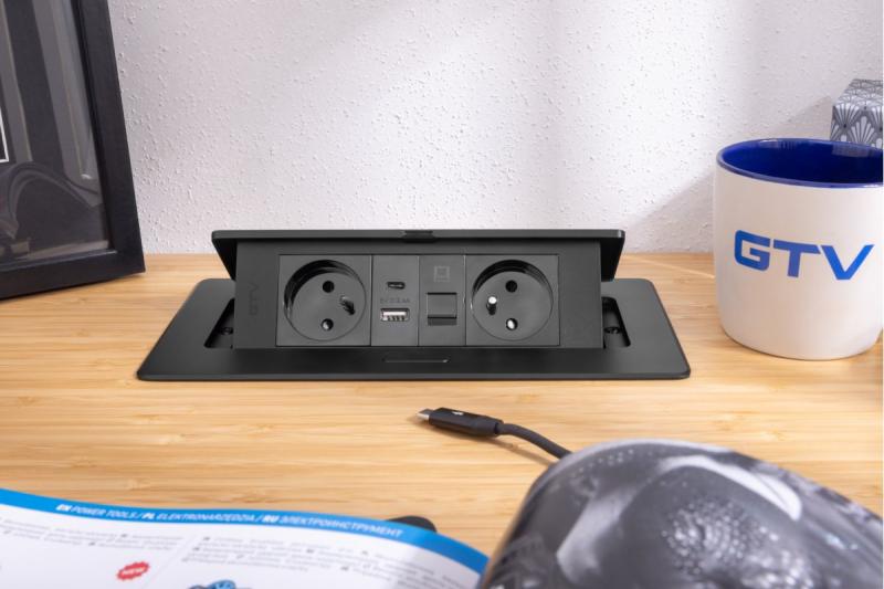 MULTISOFT Møbelstik 2x Stik med Jord, USB A+C, RJ45, Strømkabel med Stik, Sort